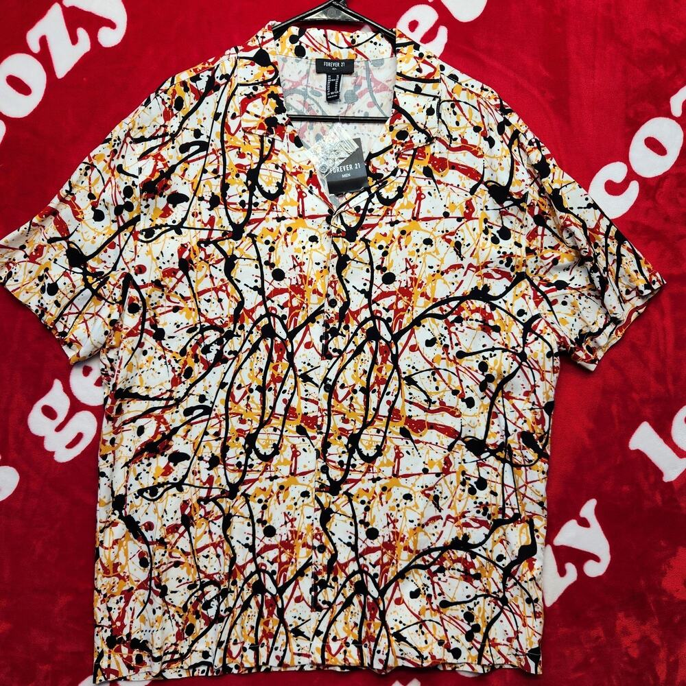 Forever 21 Men XL Abstract Paint Splatter Button Up Shirt White Red Black